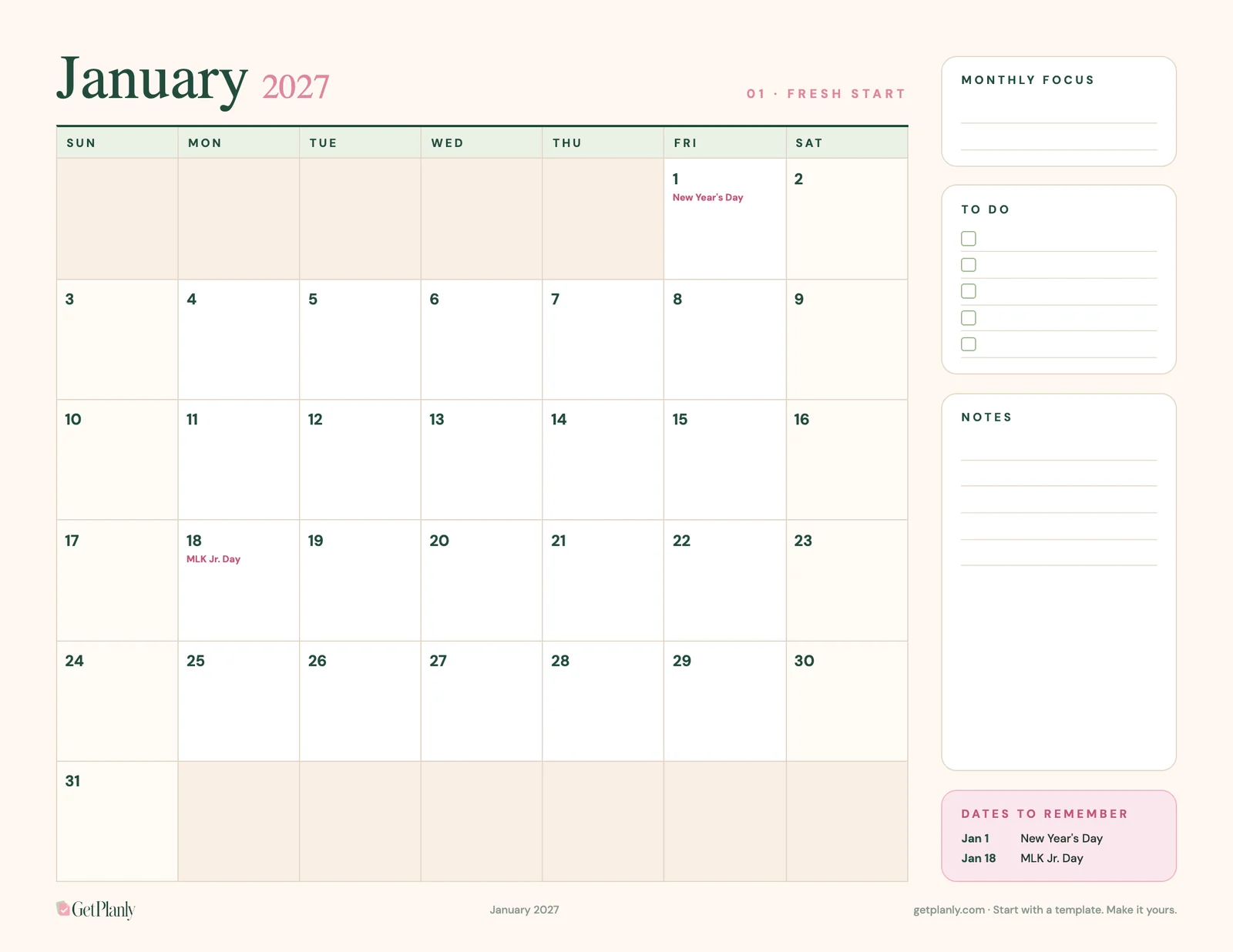 Free 2027 calendar: Monthly page