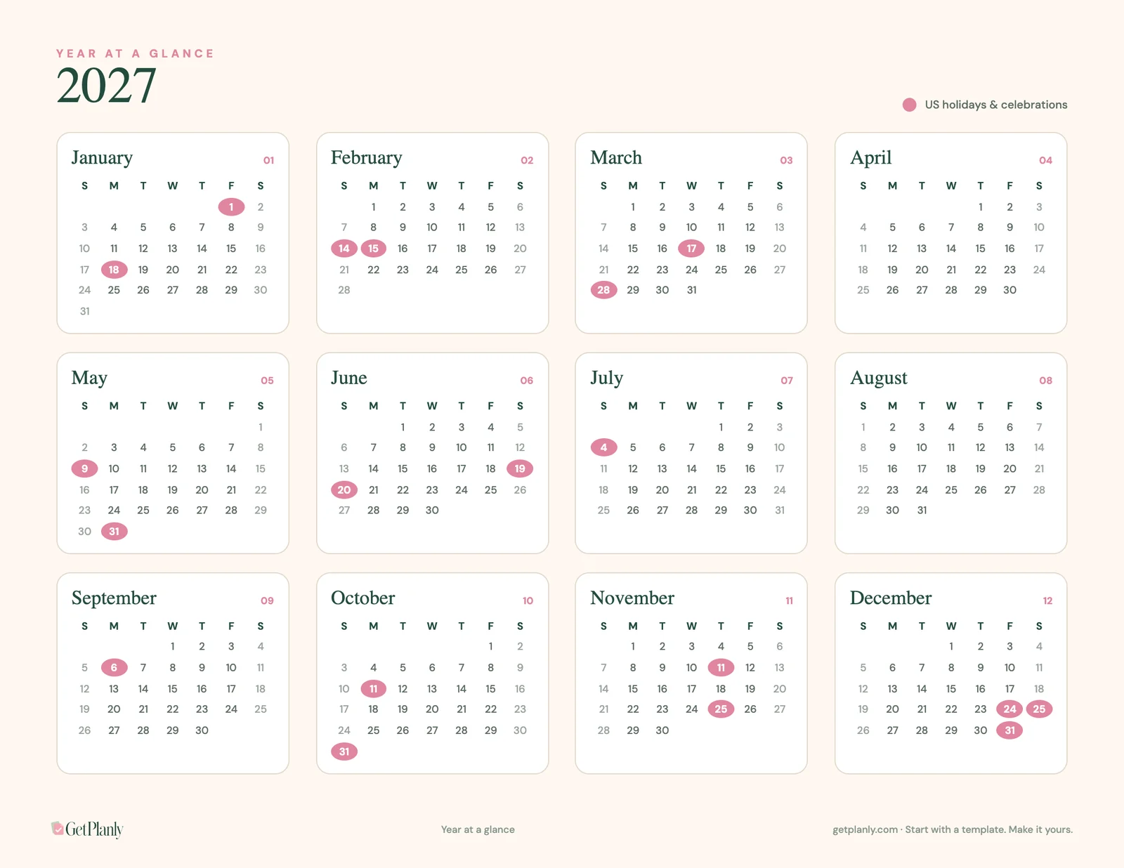 Free 2027 calendar: Year at a glance