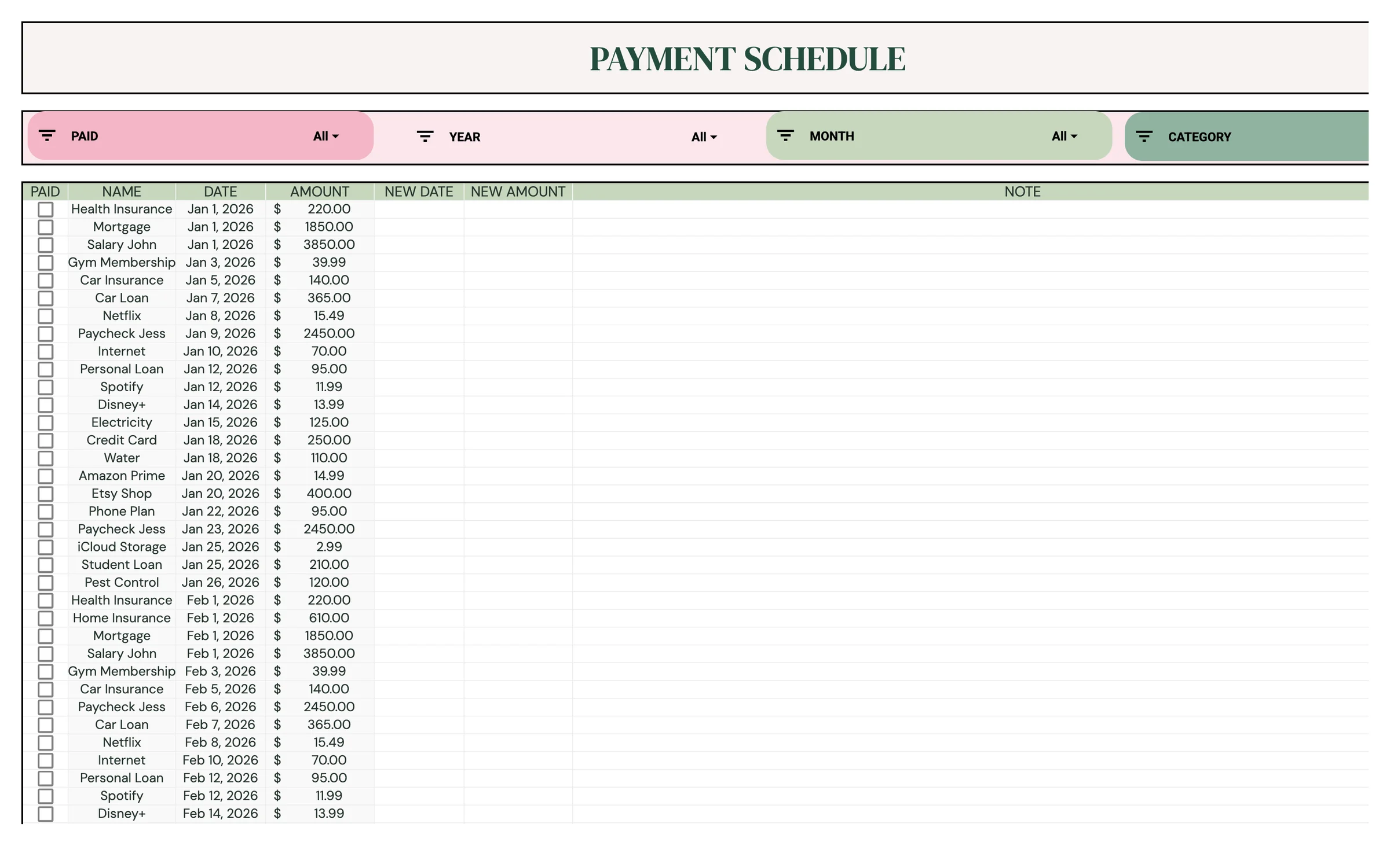Planly Bill Buddy – Payments list