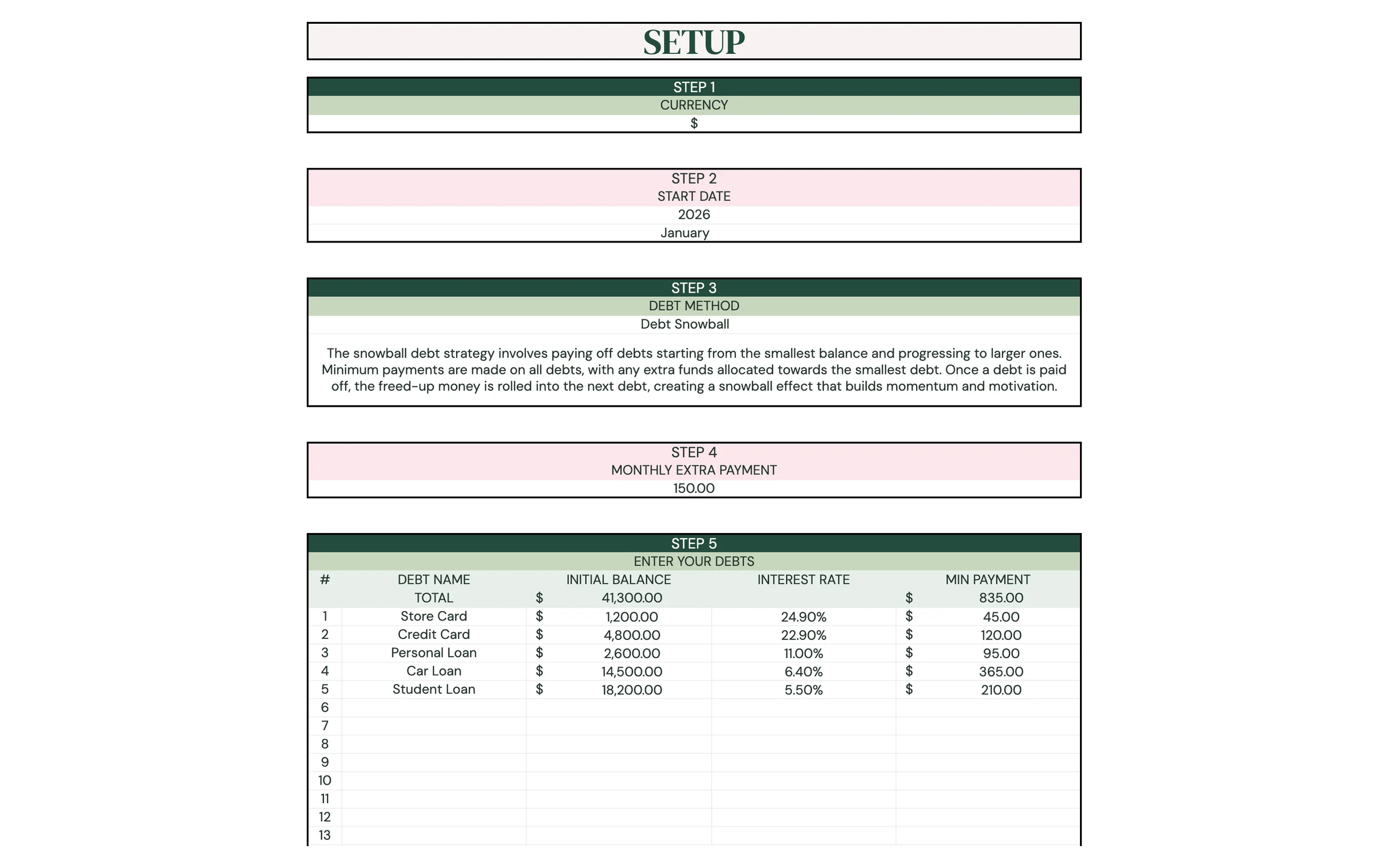 Planly Debt Countdown: Setup