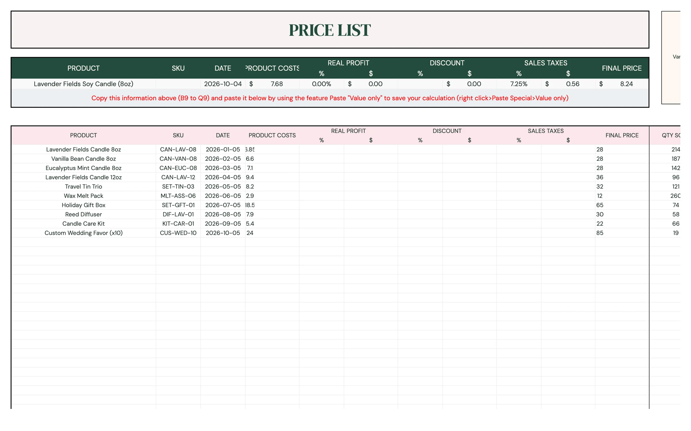 Planly Price It Right – Price list